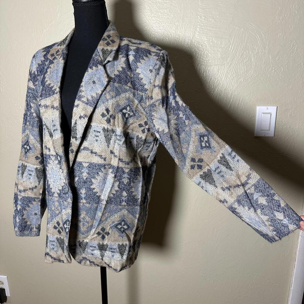90s Southwestern Woven Tapestry Blazer Jacket Relaxed Fit Blue Neutral